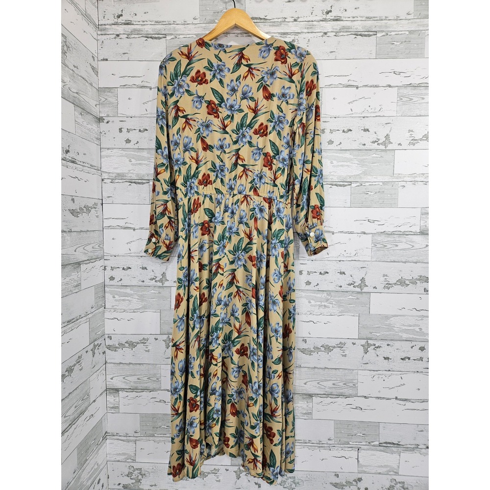 Liz Claiborne Vintage Floral Midi Dress Tan Blue Bird of Paradise Rayon Size 12 - Picture 4 of 8